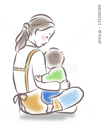 赤ちゃんを膝に乗せた横向きの女性 135200169