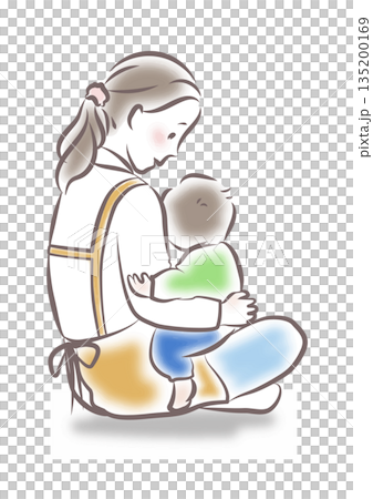 赤ちゃんを膝に乗せた横向きの女性 135200169