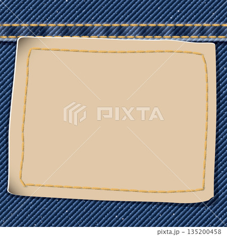 Blank leather badge on denim blue jean textile pattern background with gold seams and crease vector illustration. 135200458
