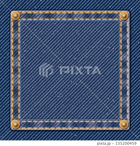 Denim blue jean textile pattern background with gold seams, crease and brass pins frame vector illustration. Denim blue jean textile pattern background with gold seams, crease and brass pins frame vector illustration. 135200459