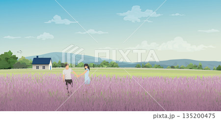 Couple of lover hands holding together at lavender fields on the hill have country houses and mountain range behind vector illustration. Couple of lover hands holding together at lavender fields on the hill have country houses and mountain range behind vector illustration. 135200475