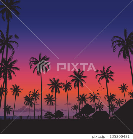 Silhouetted coconut palm trees at the beach with dramatic sky square background vector illustration. Summer traveling and party at the beach concept flat design with blank space. Silhouetted coconut palm trees at the beach with dramatic sky square background vector illustration. Summer traveling and party at the beach concept flat design with blank space. 135200481