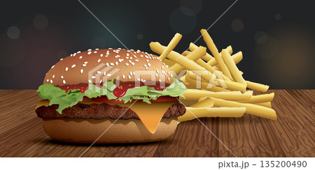 Homemade cheeseburger side view and french fries on wooden table have blurred night life background with bokeh effect vector illustration have blank space for advertisement. Homemade cheeseburger side view and french fries on wooden table have blurred night life background with bokeh effect vector illustration have blank space for advertisement. 135200490