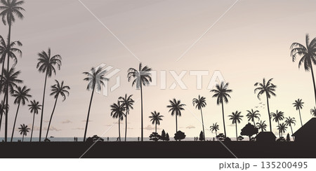 Silhouetted coconut palm trees at the beach with vanilla sky rectangle background vector illustration. Summer traveling and party at the beach concept flat design with blank space. Silhouetted coconut palm trees at the beach with vanilla sky rectangle background vector illustration. Summer traveling and party at the beach concept flat design with blank space. 135200495