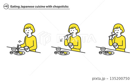 箸で和食を食べるシニア女性 2色 箸で和食を食べるシニア女性 2色 135200750
