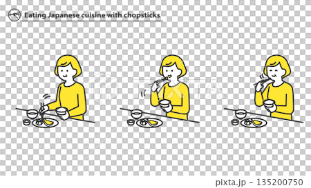 箸で和食を食べるシニア女性 2色 箸で和食を食べるシニア女性 2色 135200750