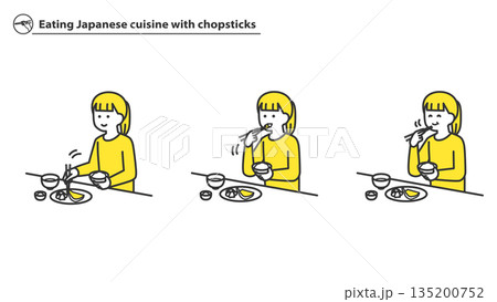 箸で和食を食べる女の子 2色 箸で和食を食べる女の子 2色 135200752