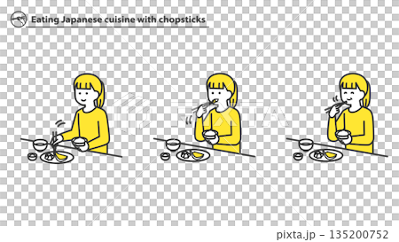 箸で和食を食べる女の子 2色 箸で和食を食べる女の子 2色 135200752