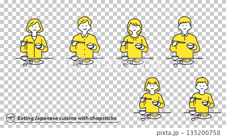 Set of people eating Japanese food with chopsticks (2 colors) 135200758