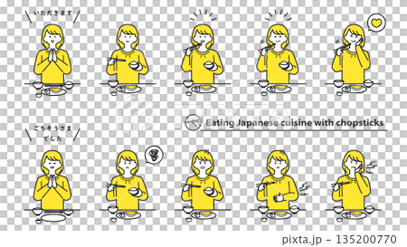 一位女士用筷子吃日本料理，臉部表情各異，一套，2種顏色 135200770