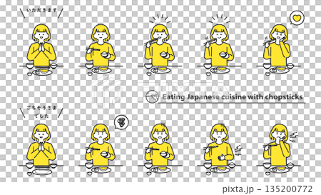 Girl eating Japanese food with chopsticks, facial expression variations, set of 2 colors Girl eating Japanese food with chopsticks, facial expression variations, set of 2 colors 135200772