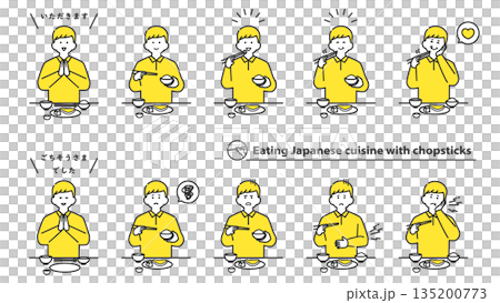 男士用筷子吃日本料理,臉部表情各異,一組兩色 男士用筷子吃日本料理,臉部表情各異,一組兩色 135200773