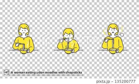 Woman eating udon noodles with chopsticks, facial expression variations, set of 2 colors Woman eating udon noodles with chopsticks, facial expression variations, set of 2 colors 135200777