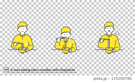 男子用筷子吃烏冬面，臉部表情各異，一套兩色 135200780
