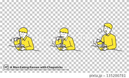 用筷子吃拉麵的男人們,臉部表情各異,一套兩色 用筷子吃拉麵的男人們,臉部表情各異,一套兩色 135200781