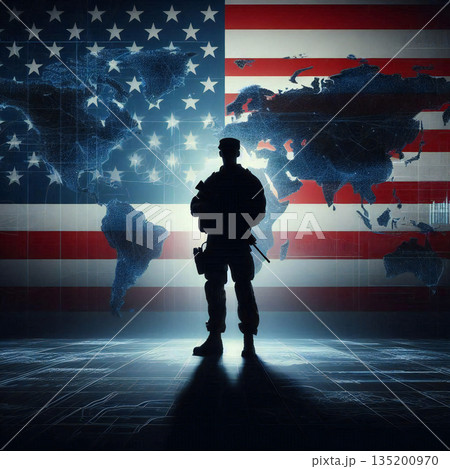 星条旗を背負う米軍、アメリカ兵士と作戦会議のシルエット・地政学リスク 135200970