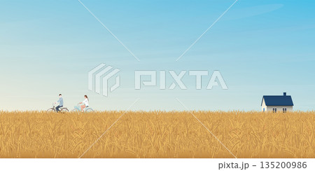 Man and woman riding bicycle together in wheat field have country house and blue sky background vector illustration. 135200986
