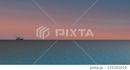 Seascape with fishing boat followed by seagulls at skyline vector illustration have dramatic sky background. Sunset at tropical blue sea concept. 135201018