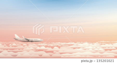 Airplane side view flying above the clouds with dramatic sky background vector illustration. Plane with sunset concept. Airplane side view flying above the clouds with dramatic sky background vector illustration. Plane with sunset concept. 135201021