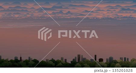 Cityscape with sunset background vector illustration have blank space. Buildings silhouette against the dramatic sky in Autumn flat design. Cityscape with sunset background vector illustration have blank space. Buildings silhouette against the dramatic sky in Autumn flat design. 135201028