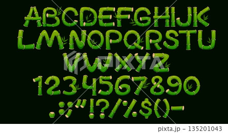 Bamboo font, jungle forest typeface, plant type, eco english alphabet vector typography. Cartoon asian tropical nature font letters and numbers set of bamboo sticks, wood stems and green leaves 135201043