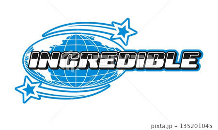 Incredible globe Y2K groovy sticker or symbol. World Y2K vector globus label, Earth funky wireframe globe patch. Planet mesh sphere tag with blue shooting stars and metallic typography Incredible globe Y2K groovy sticker or symbol. World Y2K vector globus label, Earth funky wireframe globe patch. Planet mesh sphere tag with blue shooting stars and metallic typography 135201045