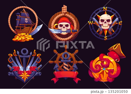 Cartoon pirate heraldry icons with corsair skulls, black sail ship and Caribbean octopus monster. Vector corsair heraldic icons of old compass, anchor, rope and barrel, wheel, pirate guns and swords