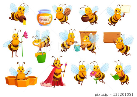 Cartoon cute bee characters set with honey, flowers and beehive. Funny queen, worker and student bees characters collecting honey with pots, reading book, holding flowers, honeycombs and sign board 135201051