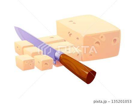 Knife slicing through a block of tofu cheese. Cartoon vector food cooking process scene with kitchen cutting tool and soy product in a moment of meal preparation. Diced tofu cheese and sharp knife 135201053