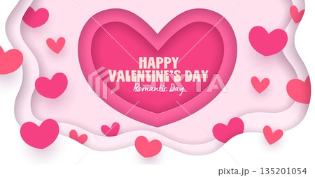 Paper cut Valentines Day banner with pink hearts. Romantic love holiday vector 3d background with paper cut heart frame and layered white wave borders. Valentines Day love card or greeting banner 135201054