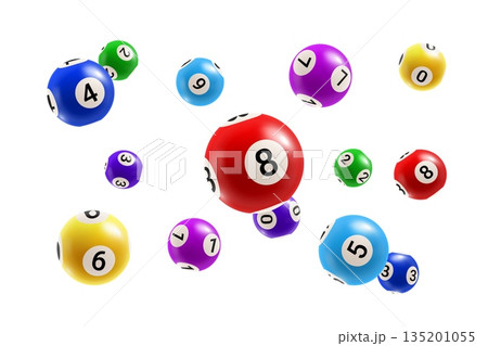 3d realistic bingo lottery red, blue and purple, green and yellow vector balls, gambling lotto game with lucky numbers. Casino advertising, gambling promotion, online bingo lottery game 135201055