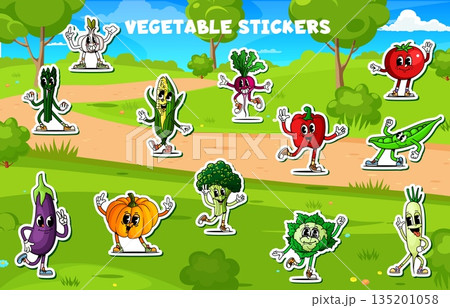 Cartoon groovy vegetable characters stickers pack. Vector tomato, corn, broccoli, pumpkin, radish, pea and cabbage retro y2k happy farm personages dancing on green field landscape with cheerful faces Cartoon groovy vegetable characters stickers pack. Vector tomato, corn, broccoli, pumpkin, radish, pea and cabbage retro y2k happy farm personages dancing on green field landscape with cheerful faces 135201058