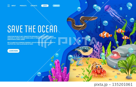 Save the oceans landing page with sea animals and fishes at the underwater landscape. 3d paper cut vector Save the ocean awareness web banner template with tropical ocean corals and marine life 135201061
