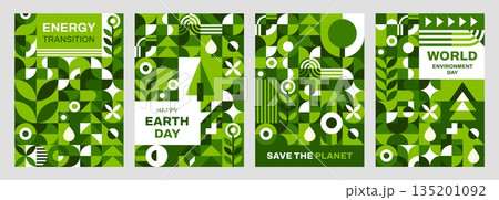 Earth and environment day posters with geometric green Bauhaus pattern. Nature clean environment vector poster with Bauhaus pattern. Save ecology, Earth day banners or flyers with geometric shapes Earth and environment day posters with geometric green Bauhaus pattern. Nature clean environment vector poster with Bauhaus pattern. Save ecology, Earth day banners or flyers with geometric shapes 135201092