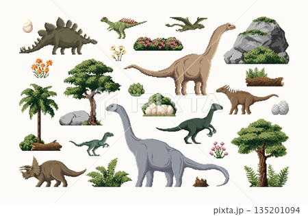 8 bit pixel art prehistoric dinosaurs characters and plants. Pixelated vector dimorphodon, velociraptor, therizinosaurus and triceratops dinosaurs, tree and fern, flower, dino egg, stones and stump 135201094
