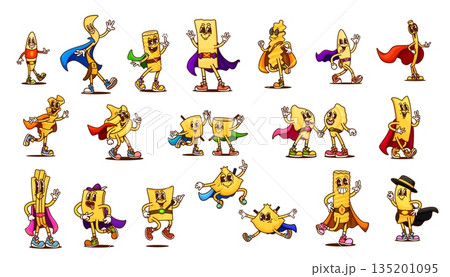 Cartoon groovy italian pasta food superhero characters. Vector retro hippie noodles in hero costumes with happy smiling faces. Funny groovy lasagna, fusilli, tortellini and rigatoni pasta characters 135201095