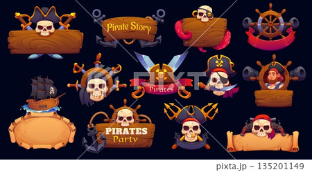 Cartoon Caribbean pirates and corsairs game icons and heraldry. Vector set of labels and emblems featuring skulls, swords, ships, anchors, steering wheels, and scrolls for party invitations and games 135201149