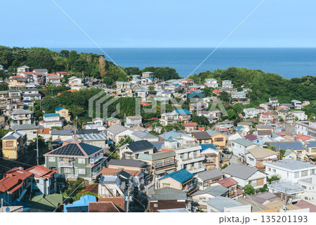 海を望む神奈川県真鶴町の町並み 丘陵地域の住宅と相模湾 海を望む神奈川県真鶴町の町並み 丘陵地域の住宅と相模湾 135201193