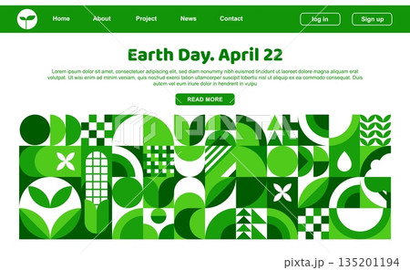 Earth day landing page with Bauhaus geometric pattern. Save nature, ecology protection startup vector webpage or site. Earth day holiday landing page with Bauhaus green geometric shapes pattern 135201194