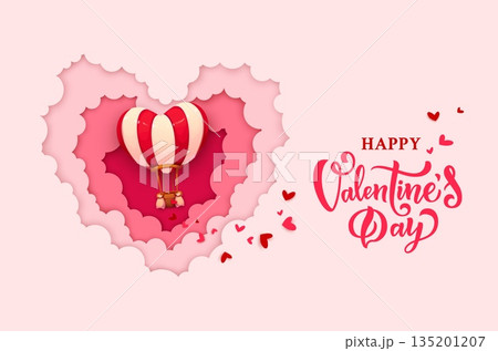Paper cut Valentines Day banner of cartoon hot air balloon in vector 3d layered frame of heart shaped pink clouds border. Valentines Day romantic love holiday paper cut craft greeting card or banner Paper cut Valentines Day banner of cartoon hot air balloon in vector 3d layered frame of heart shaped pink clouds border. Valentines Day romantic love holiday paper cut craft greeting card or banner 135201207