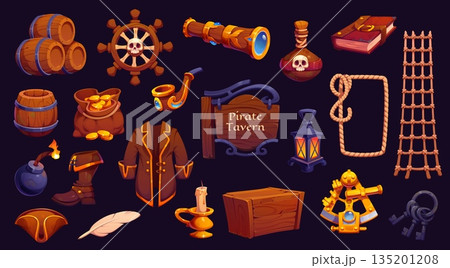 Cartoon pirate icons of treasure chest, ship captain hat, rum bottle and wheel with skull, vector game UI assets. Caribbean Sea corsair and pirate gold coins bag, spyglass and rope cartoon icons 135201208