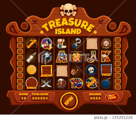 Online casino slot game board with pirate and corsair characters, vector gambling and piracy. Cartoon online casino slot machine with captain pirate, treasure map, chest and gold money spin reels 135201226