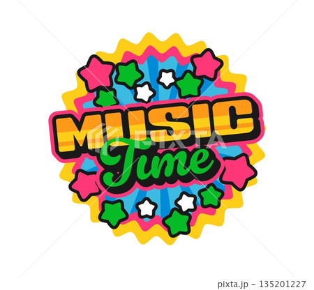 Music time Y2K groovy sticker or tag. Musical audio record Y2K vector tag, festival concert melody label. Music sound groovy patch or sticker with colorful stars, funky typography and wavy border 135201227