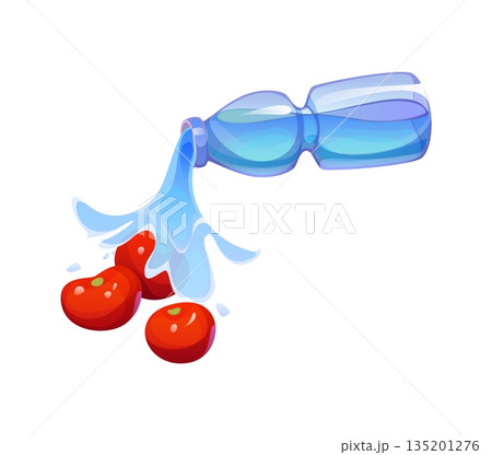 Water is pouring from a blue bottle onto fresh red tomatoes with splash and droplets. Vector cooking process scene showing rinsing step with clear liquid flow and glossy vegetables on white background Water is pouring from a blue bottle onto fresh red tomatoes with splash and droplets. Vector cooking process scene showing rinsing step with clear liquid flow and glossy vegetables on white background 135201276