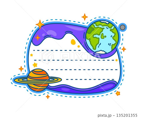 Sky clouds and space Earth planet kids memo note template. Blue sky scrapbook memo note, universe schedule vector sticker. Cosmos kids diary label or frame with cartoon Saturn and Earth planet, stars 135201355