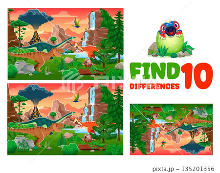 Find ten differences between prehistoric dinosaurs. Difference spotting vector kids game quiz worksheet with Monolophosaurus, Tyrannosaur, Amygdalodon and Raptor, Doedicurus on prehistoric landscape 135201356