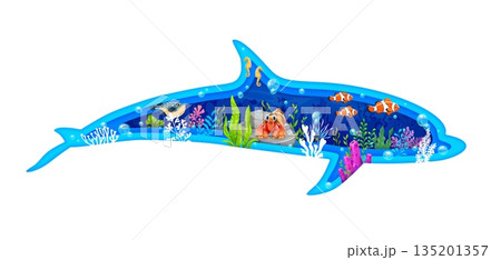 Paper cut dolphin silhouette with underwater landscape. 3d vector papercut frame in shape of playful ocean animal body with serene aquatic vegetation, seaweeds, bubbles and fish, crab, seahorse in sea Paper cut dolphin silhouette with underwater landscape. 3d vector papercut frame in shape of playful ocean animal body with serene aquatic vegetation, seaweeds, bubbles and fish, crab, seahorse in sea 135201357