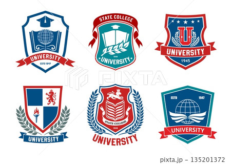 University college and school academy education vector icons set. Books, globes, knowledge torch and student graduation hats heraldic shield badges of university, college or school isolated symbols 135201372