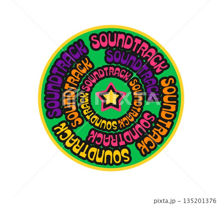 Music soundtrack Y2K groovy sticker or patch. Radio sound Y2K groovy tag, musical art record funky vector sticker. Concert audio label or music festival melody patch with neon colors funky typography 135201376