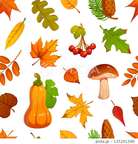 Autumn fall leaves, mushrooms, berry and acorn harvest seamless pattern. Vector cozy seasonal harvest tile background with cartoon bright fall forest foliage, mushrooms, pumpkin, berries and pinecones 135201390